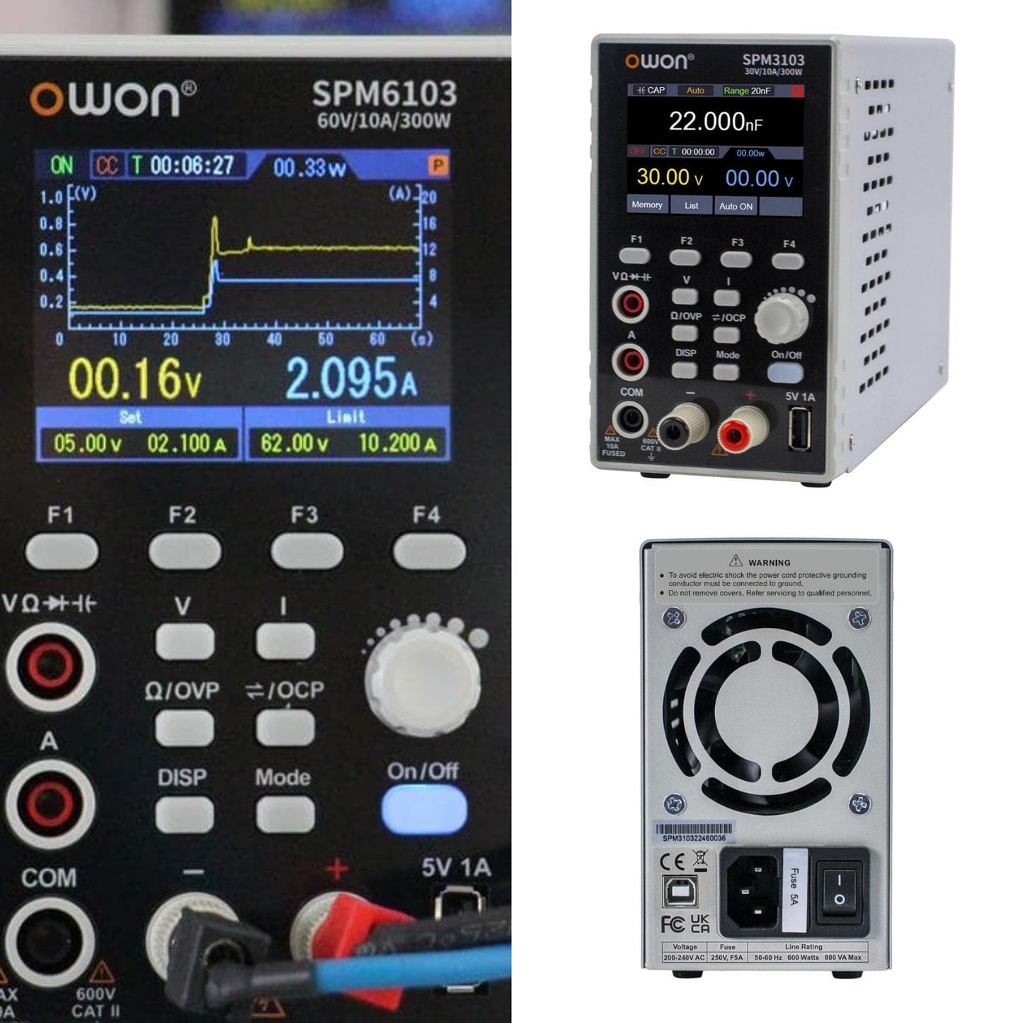 OWON SPM6103 DC Power Supply with Multimeter – 60 V / 10 A, 300 W
