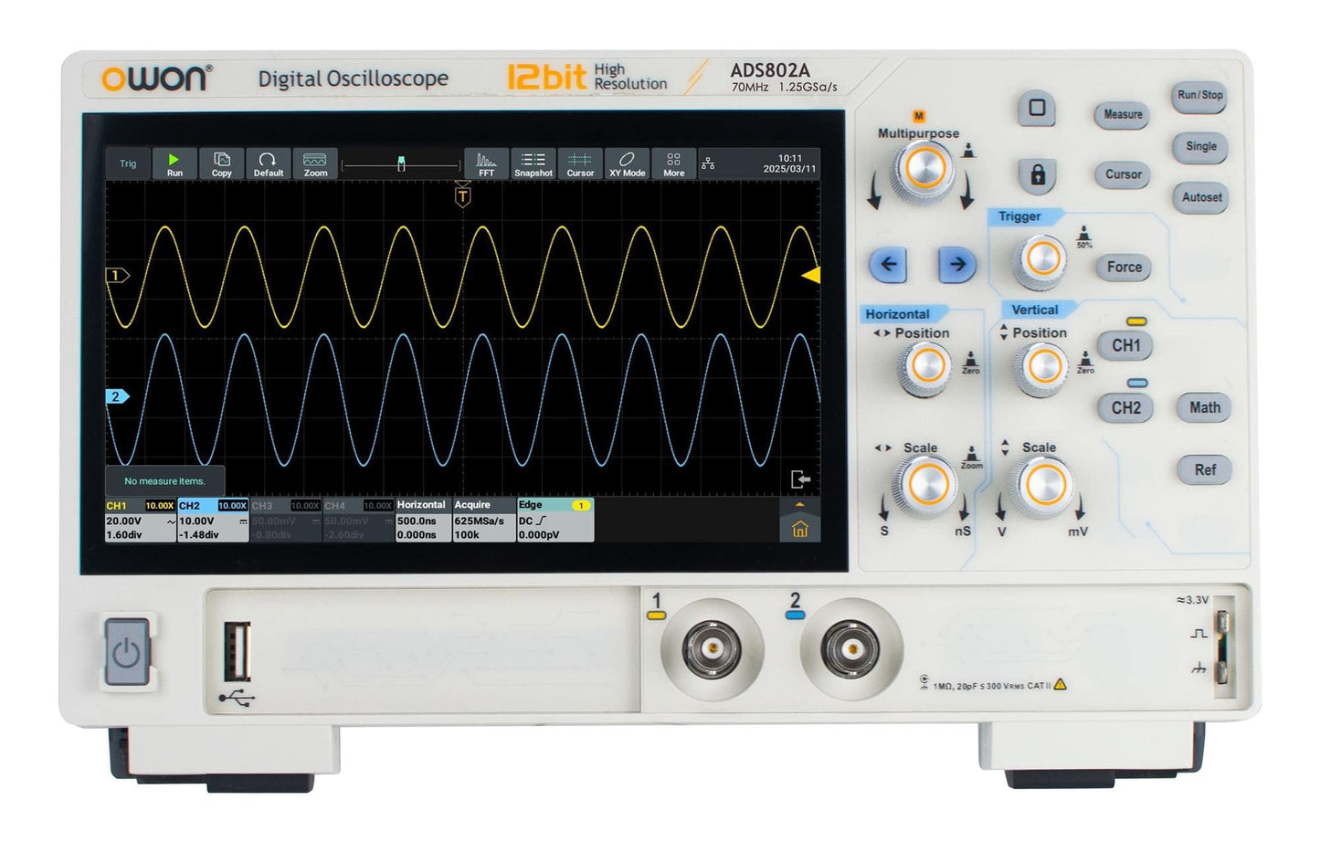 Owon ADS802A 12-bit Digital Oscilloscope | 70 MHz, 2CH, 7" Touchscreen