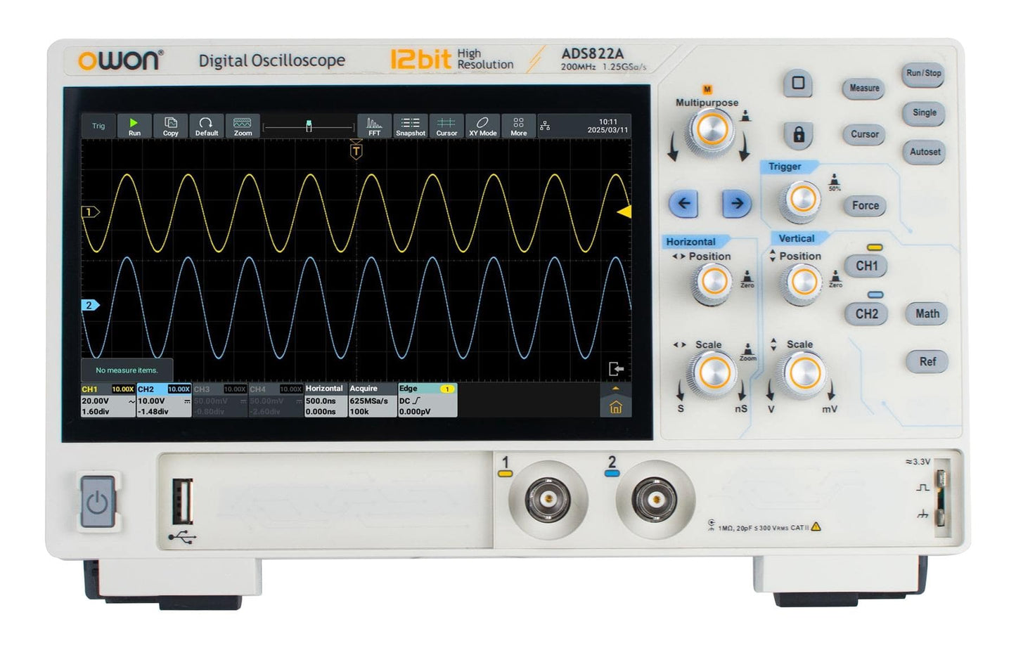 Owon ADS822A 12-bit Digital Oscilloscope | 200 MHz, 2CH, 7" Touchscreen