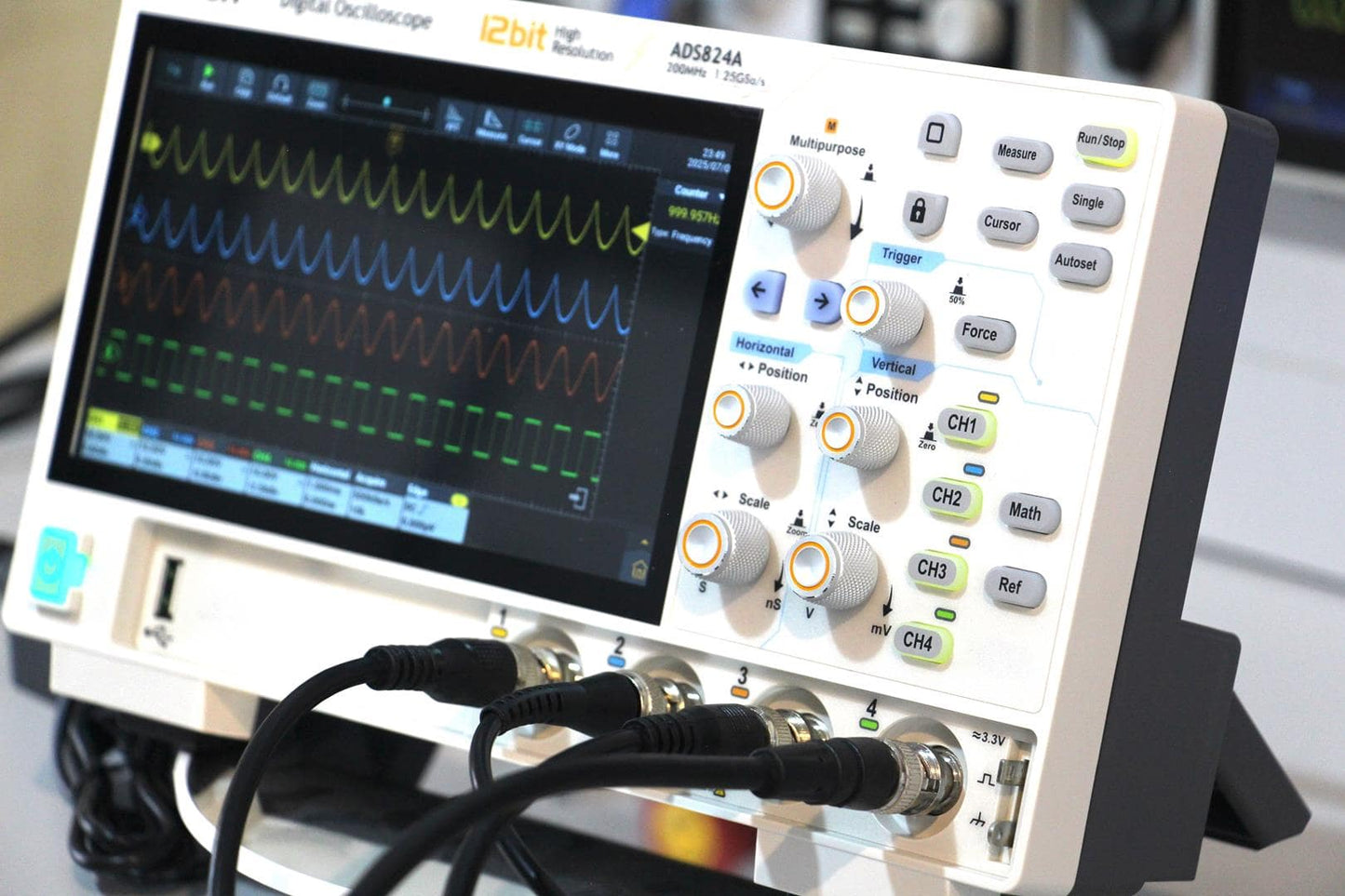 Owon ADS824A Oscilloscope – 200 MHz, 4 Channels, 12-Bit, 7" Touchscreen